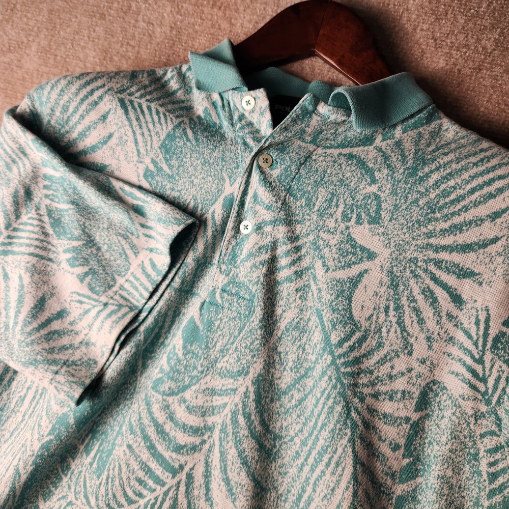 Polo Golf Ralph Lauren Polo Shirt Mens M Teal White‎ Tropical Palm Leaf Cotton
